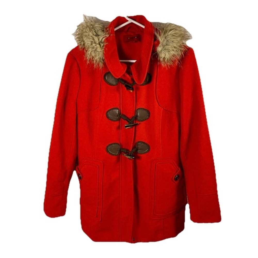 ModCloth Red Peacoat Toggle Buttons Faux Fur Trim Hood Sz L Petite Coffee‎ Shop
